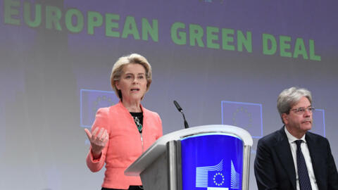 European Commission President Ursula von der Leyen and  EU commissioner for Economy Paolo Gentiloni unveil proposals to govern transition to low carbon economy dubbed "European Green Deal" at the EU Parliament in Brussels on July 14, 2021. 