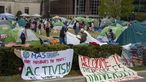 Students and other protesters are in a tent camp on the campus of Columbia University in New York on Wednesday, April 24, 2024. Students at a growing number of U.S. colleges are gathering in pro-Pales