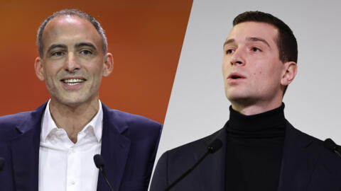O candidato do Partido Socialista, Raphaël Glucksmann (à esquerda), e o candidato do Reunião Nacional, da extrema direita, Jordan Bardella, registram avanços nas intenções de voto para as eleições europeias de 9 de junho.