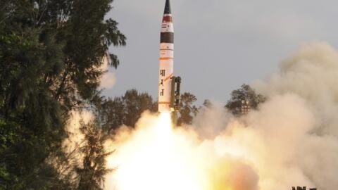 A surface-to-surface Agni V missile is launched from the Wheeler Island off the eastern Indian state of Odisha on 19 April 2012.