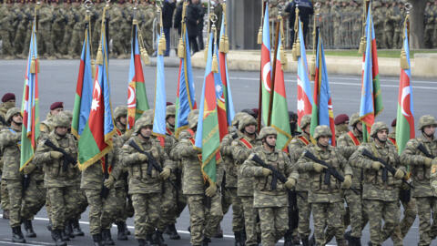Азербайджанськие войска во время военного парада в Баку, 2020 год. 