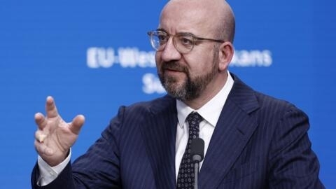 President of the European Council, Charles Michel delivers a press conference at the end of the EU-Western Balkans summit at the European headquarters in Brussels, on December 13, 2023. 