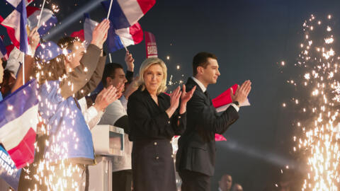 National Rally president Jordan Bardella and former president Marine Le Pen at a rally to launch the party's campaign for the European elections, in Marseille, 3 March 2024.