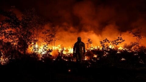 A tactical firefighter set fires to burn a plot of land as firefighters attempt to prevent the wild fire from spreading due to wind change, as they fight a forest fire near Louchats in Gironde, southwestern France on July 17, 2022.
