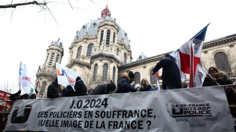 Members of French police union Unite SGP Police-Force Ouvriere protestes to express their fears regarding their working conditions for ensuring security during the Paris 2024 Olympic Games, in Paris, France, on 10 January 2024. 