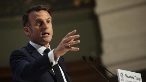 French President Emmanuel Macron delivers a speech on Europe in an amphitheatre of the Sorbonne University in Paris, on 25 April, 2024.