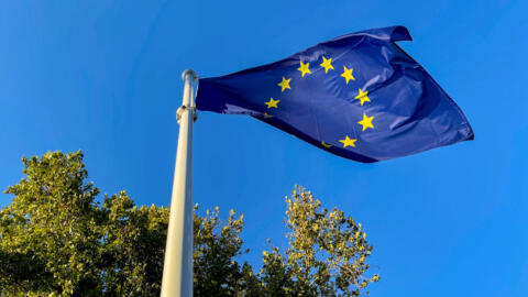 A European Union flag flutters outside a European Political Community summit in Granada, Spain, on 4 October 2023.