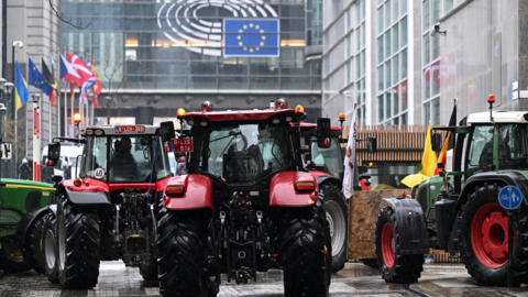 Tractors are stationed in front of the European Parliament during a protest called by farmers' organisations in Brussels, on 26 February, 2024.