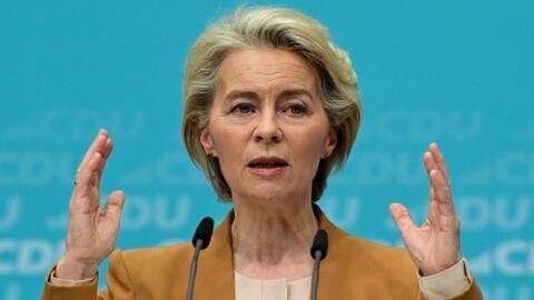 European Commission President Ursula von der Leyen addresses a press conference following a leadership meeting of the CDU party in Berlin, Germany on 19 February, 2024.