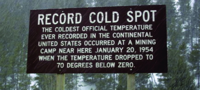 Sign marking the Rogers Pass record low