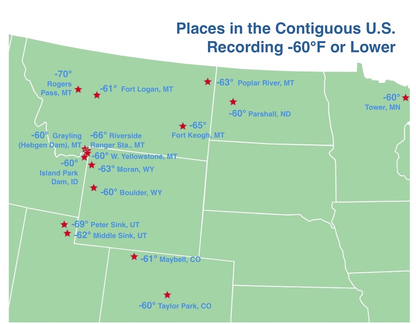 Places in the U.S. Recording -60°F Or Lower