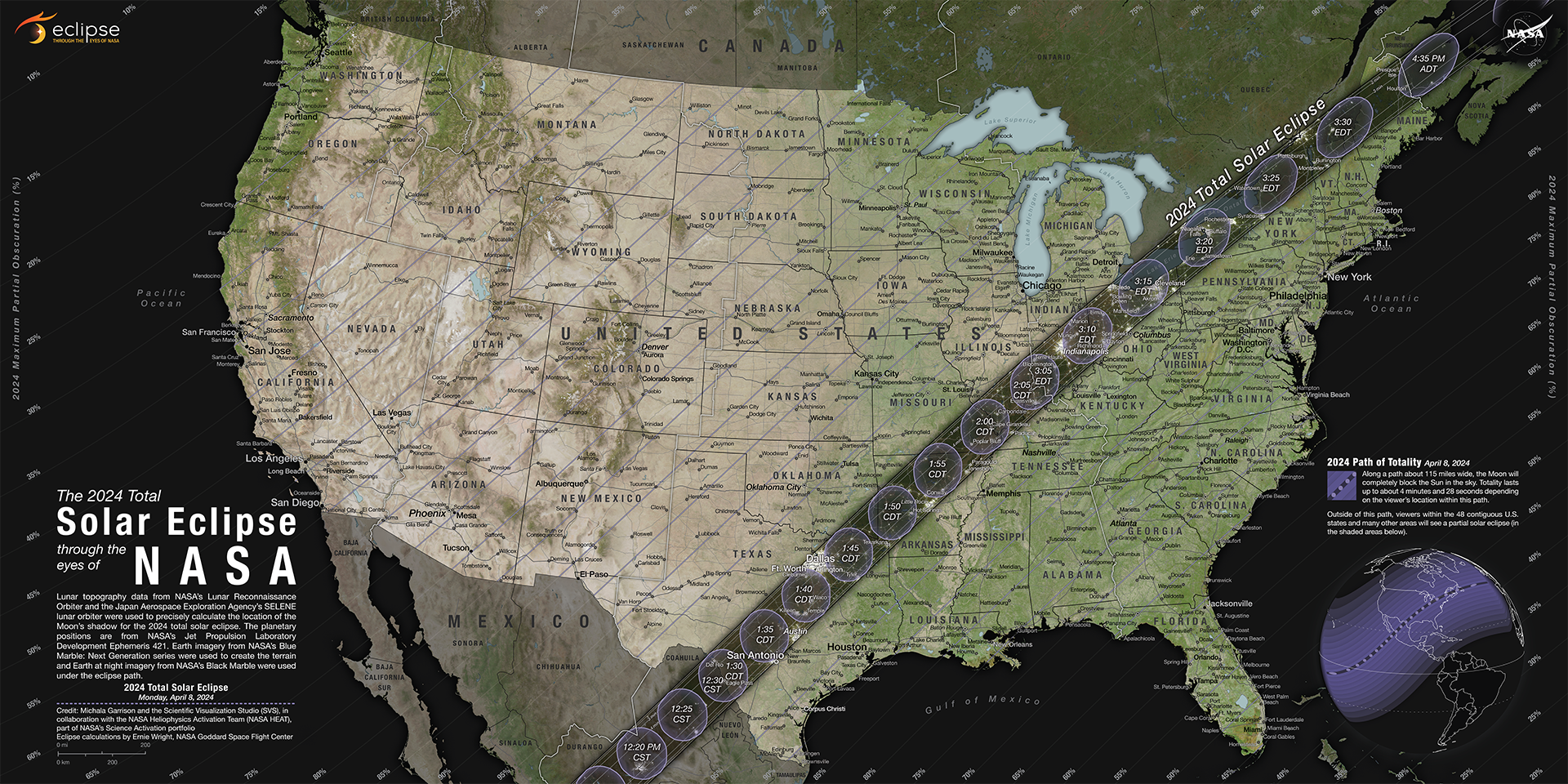 A map of the contiguous U.S. shows the path of the 2024 total solar eclipse stretching on a narrow band from Texas to Maine.