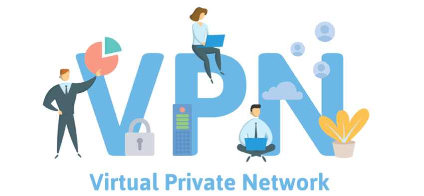 the word VPN with people sitting around it. Illustration