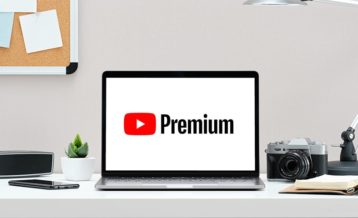 an image of a laptop which has YouTube Premium on it