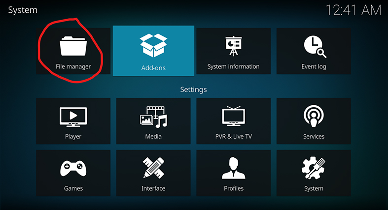 the file manager option in Kodi