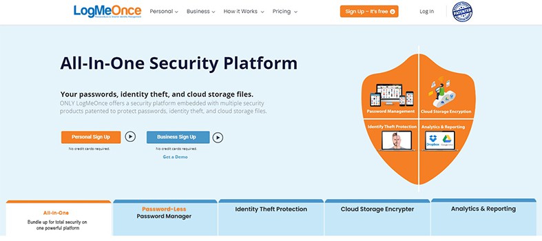 An image featuring LogMeOnce password manager website screenshot