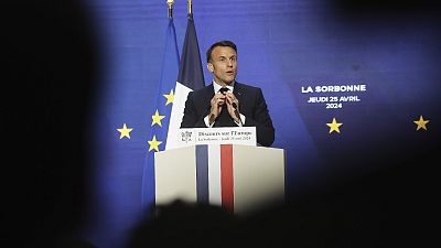 French President Emmanuel Macron delivers a speech on Europe in the amphitheater of the Sorbonne University, April 25 in Paris. 2024.