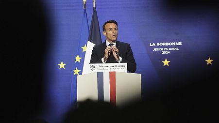 French President Emmanuel Macron delivers a speech on Europe in the amphitheater of the Sorbonne University, April 25 in Paris. 2024.