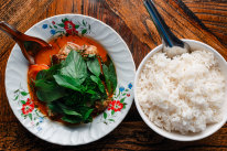 Red curry of barbecue duck with snake bean and sweet basil.