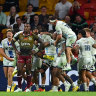 The Blues celebrate the match winning try scored by Sam Nock.