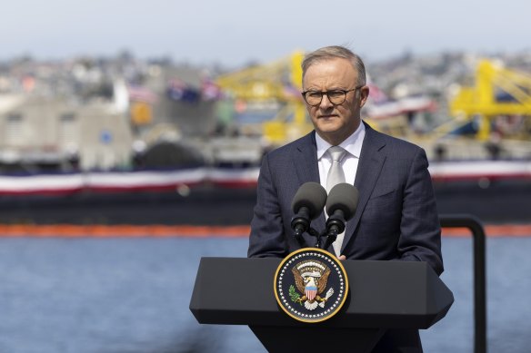 Prime Minister Anthony Albanese during the AUKUS announcement in San Diego.