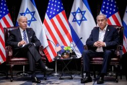 US President Joe Biden, left, meets with Israeli Prime Minister Benjamin Netanyahu, right, to discuss the ongoing conflict between Israel and Hamas, in Tel Aviv, Israel, Wednesday, Oct. 18, 2023 (Reuters)