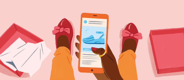 An open shoebox, a new pair of shoes, and a hand holding a phone that shows an ad for shoes.