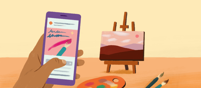 An easel with a painting on it and a hand holding a phone that shows an ad for an art fair.