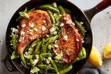 One-Pan Pork Chops With Feta, Snap Peas and Mint
