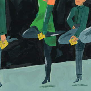An illustration of dancers, each balancing on one foot and holding a ticket.