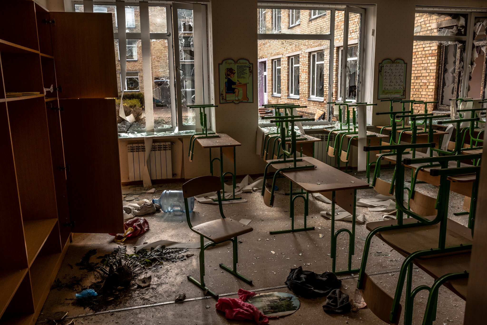 A classroom  at School No. 3 ransacked by Russian soldiers.