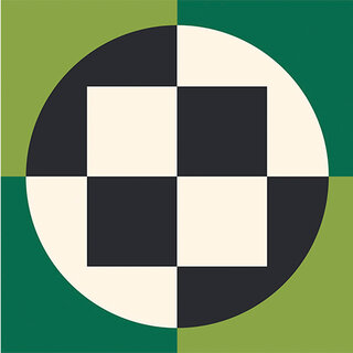 A square divided in four squares, two black and two white, over a circle divided in four quadrants, two black and two white, with the colors alternating to create a checkered effect resembling a soccer ball. The background is divided in four section, two in a lighter green and two in darker green, also alternating to create a checkered effect.