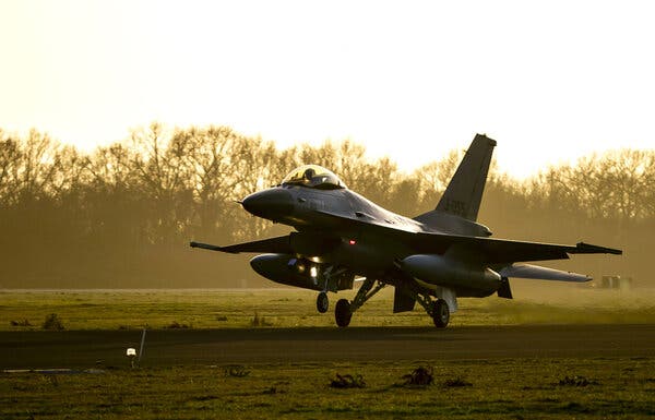 An F-16 fighter jet touches down.
