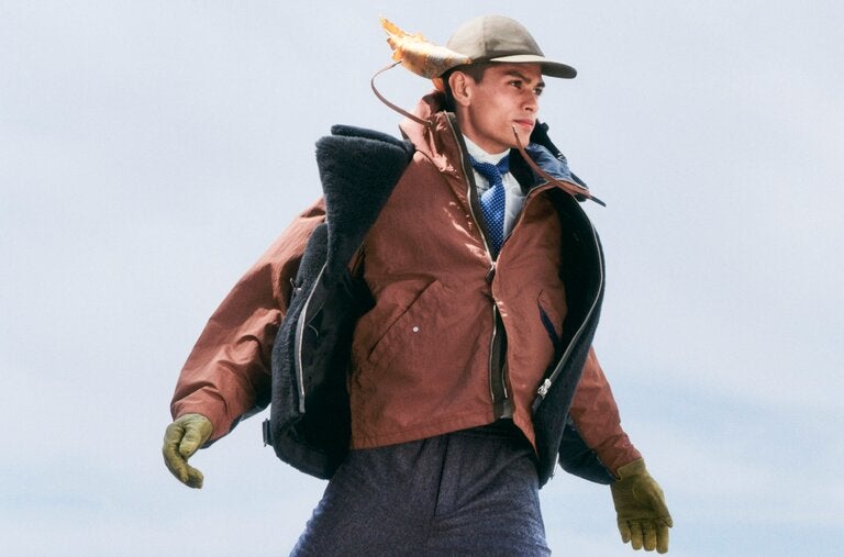 Hermès vest, $12,500, jacket, $4,375, shirt, $810, pants, $1,500, scarf, $245, and necktie; Dior Men cap, $690; Givenchy gloves, price on request, givenchy.com; Roa boots, $512; and stylist’s own socks.