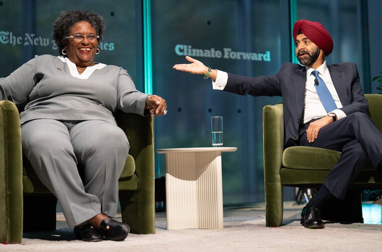 Mia Mottley, the prime minister of Barbados, and Ajay Banga, the president of the World Bank, discussed changes the bank could make at a live climate event on Thursday.