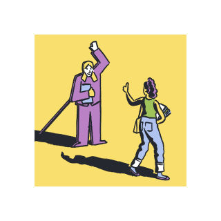 An illustration of a person giving a figure a thumbs up.