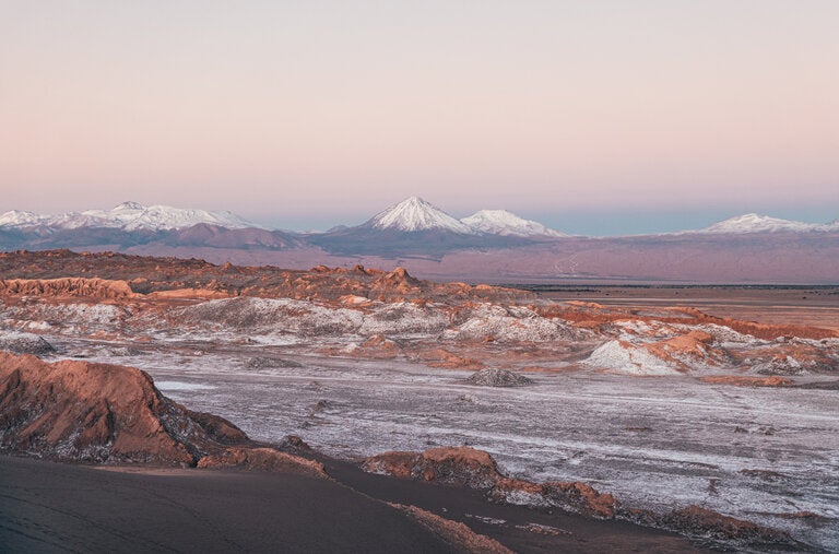 Licancabur, a volcano along the border between Bolivia and Chile, towers over the desert.