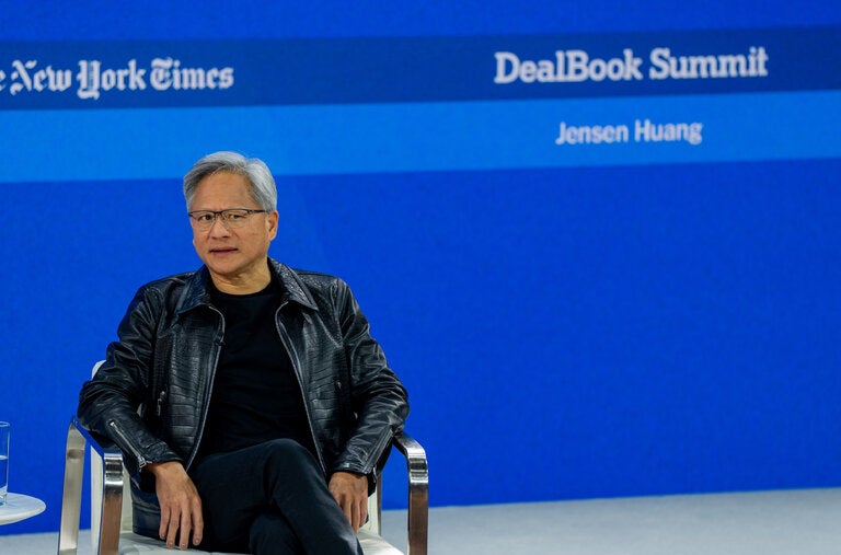 Jensen Huang, the chief executive of Nvidia, at the DealBook Summit at Jazz at Lincoln Center in Manhattan on Wednesday.
