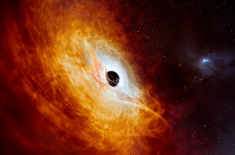 An artist’s concept of the quasar J0529-4351. Astronomers studying the supermassive black hole said it grew in mass by the equivalent of a star a day, although others questioned the claims it was the brightest.
