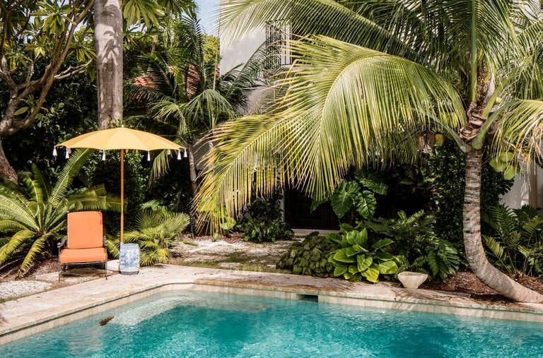 Palms and tropical plants line the property’s pool.