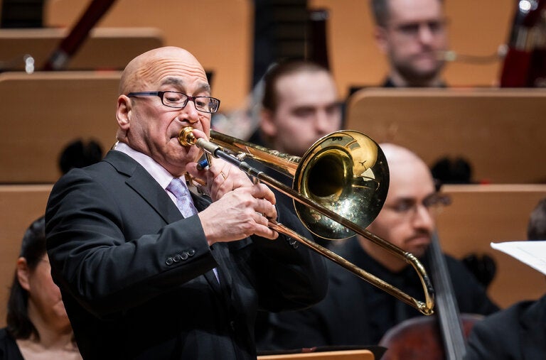 Joseph Alessi, the Philharmonic’s principal trombone, performed Tan Dun’s “Three Muses in Video Game.”