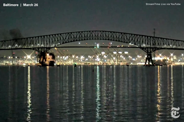 A video shows the cargo ship striking the bridge and the resulting collapse of the bridge.