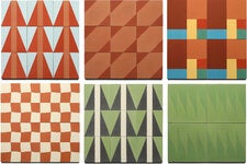 “We’re not shy about using vibrant color,” says Zia Tile’s co-founder Danny Mitchell. Top row, from left: Case Study tiles in Aviator, Bishop and Samba. Bottom row, from left: Plume Leaf, Aviator and Reality Check.