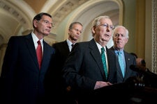 Senator John Cornyn, right, and Senator John Thune, second from left, are in an intensifying race to replace Senator Mitch McConnell as the Republican leader.