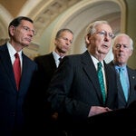Senator John Cornyn, right, and Senator John Thune, second from left, are in an intensifying race to replace Senator Mitch McConnell as the Republican leader.