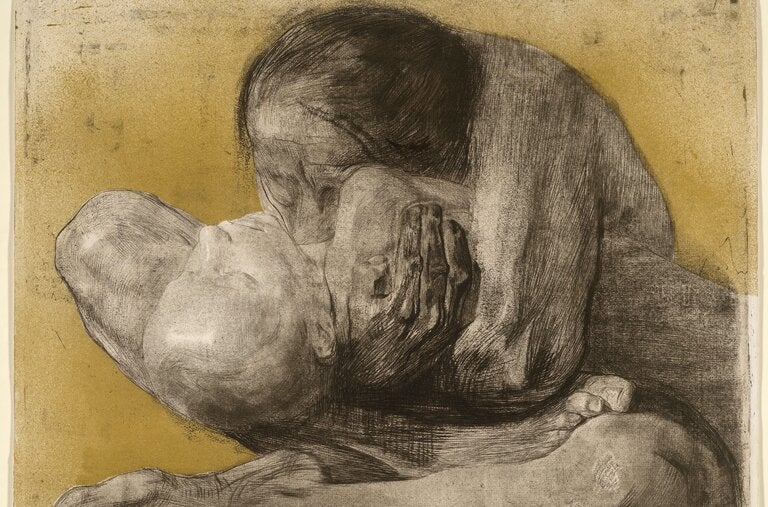 In Käthe Kollwitz’s “Woman with Dead Child,” in a Museum of Modern Art survey, two figures become one in the mother’s tight embrace. Etching with drypoint, sandpaper; artist’s proof.