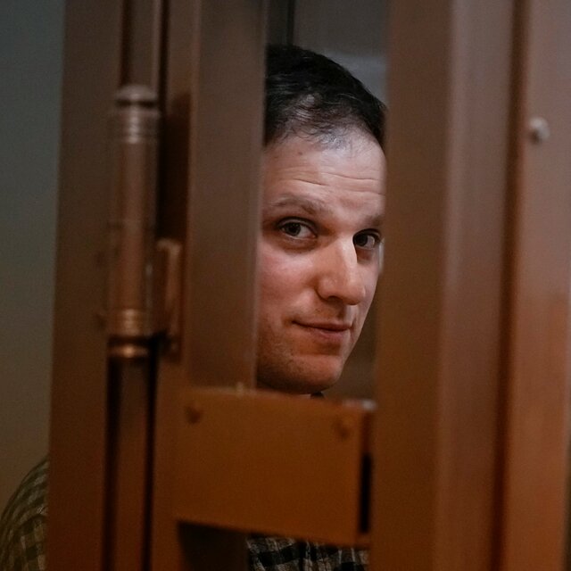 Wall Street Journal reporter Evan Gershkovich in a defendants’ cage for a court hearing in Moscow last year.