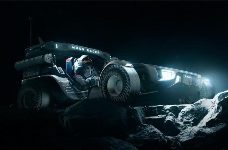 An artist’s concept of Intuitive Machines’s lunar RACER (Reusable Autonomous Crewed Exploration Rover) vehicle intended to explore the moon on future Artemis missions.