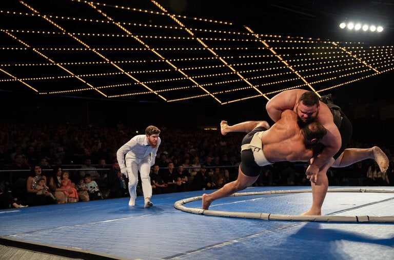 A pared-down format of sumo wrestling was on display Saturday night in front of a boisterous crowd.
