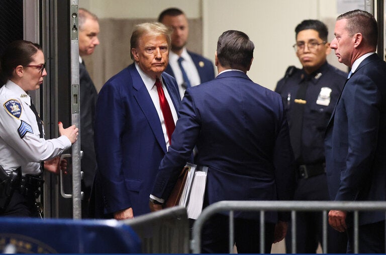 Donald Trump leaving court after a pretrial hearing in New York last month. The first ever criminal trial of a former U.S. president will begin today.